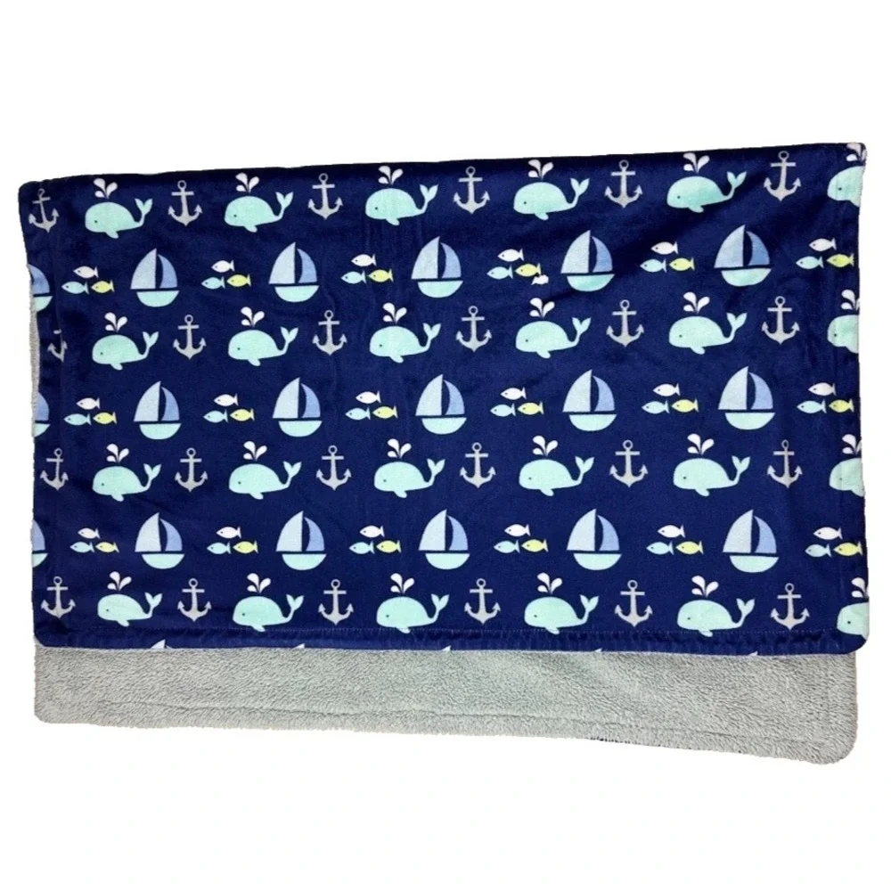 Luvable Friends Blue Whale Sailboat Anchor Fish Baby Blanket Gray Sherpa Back